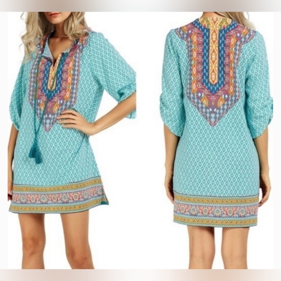 Urban CoCo Boho Print Tassel Toe Front Tunic Top/Dress size M Turquoise - Picture 1 of 14